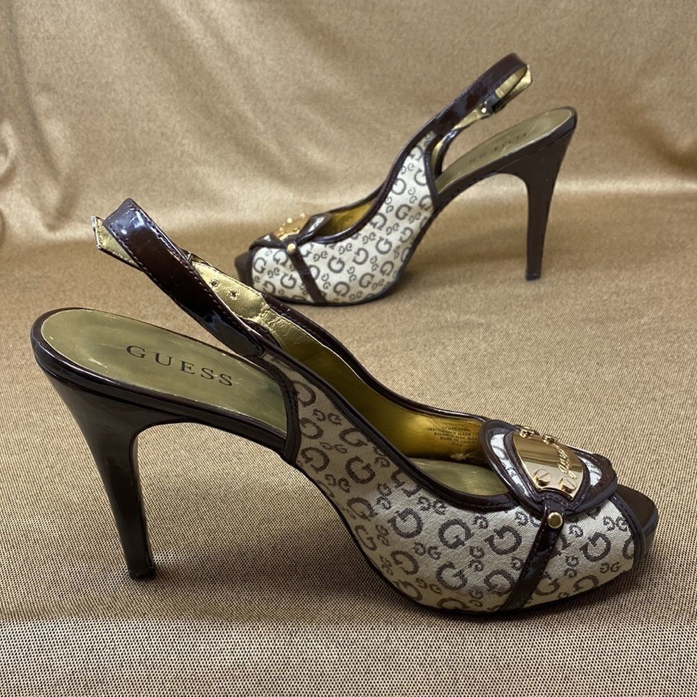 Guess Monogram Peep Toe Platform Slingback Heels - Picture 7 of 13